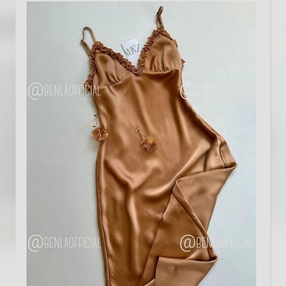 NWT ZARA CONTRASTING RUFFLES SATIN EFFECT DRESS gold/ champagne color - Picture 7 of 15